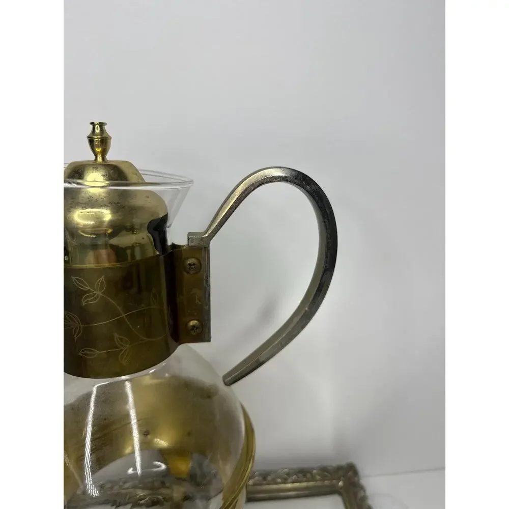 Vintage Princess House Coffee Tea Glass Carafe Warmer Pitcher With Brass Base